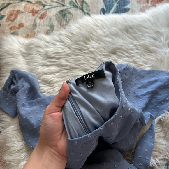 LULU’S Much Love Light Blue Swiss Dott Long Sleeve Tie-Front Mini Dress - Picture 7 of 7